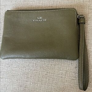Coach Olive Green Leather Wristlet Pouch with Strap